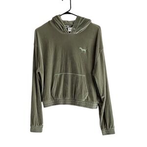 Y2K Victoria's Secret PINK  Small Velour Dog Logo Pullover Crop Hoodie Green